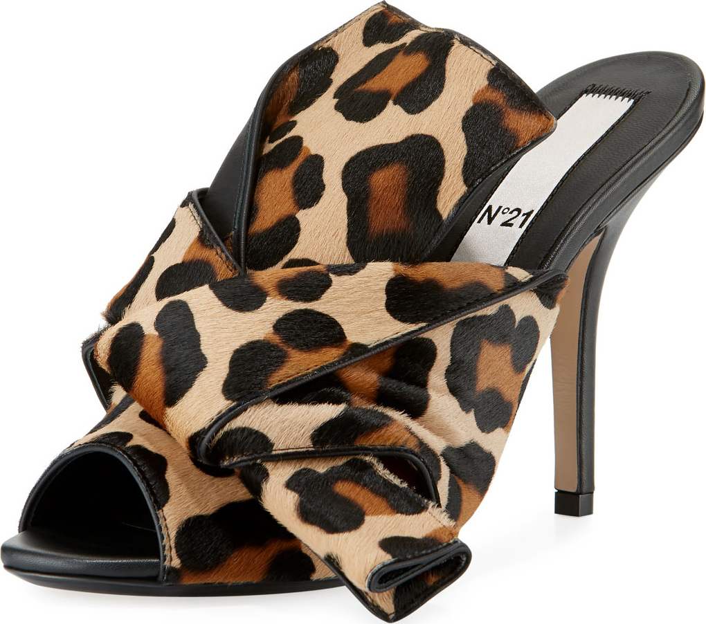 Nº21 Leopard-Print Calf Hair Knotted Slide Sandals
