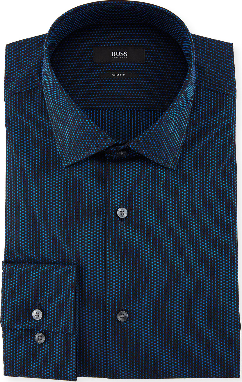 BOSS Hugo Boss Jenno Slim-Fit Dotted Cotton Dress Shirt, Medium Blue