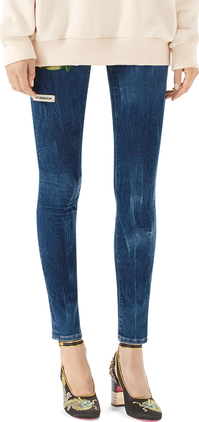 Gucci Embroidered Marbled Denim Skinny Pant