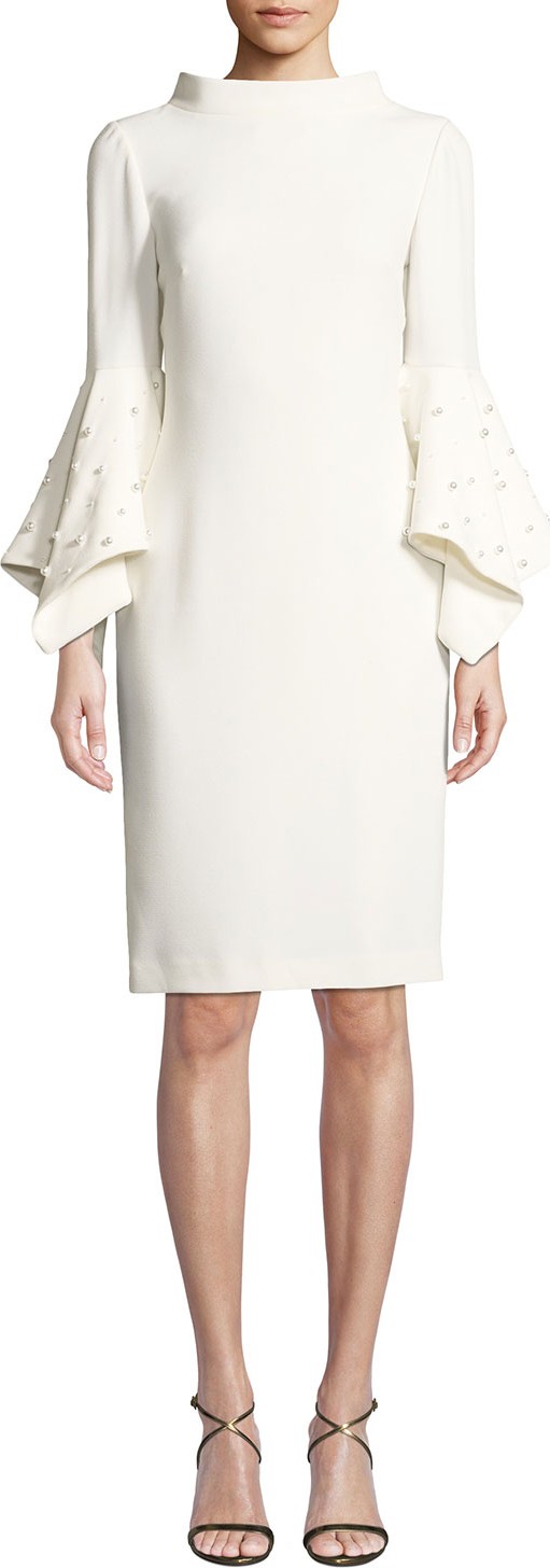 Badgley Mischka Pearly Bell-Sleeve Sheath Dress
