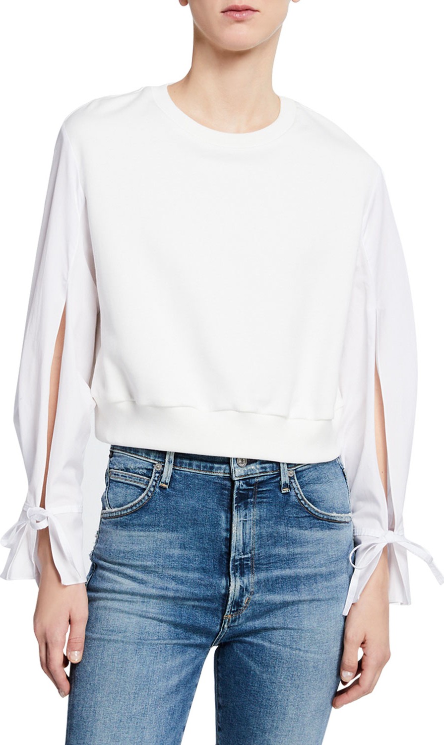 3.1 Phillip Lim Cropped French Terry Pullover w/ Poplin Sleeves