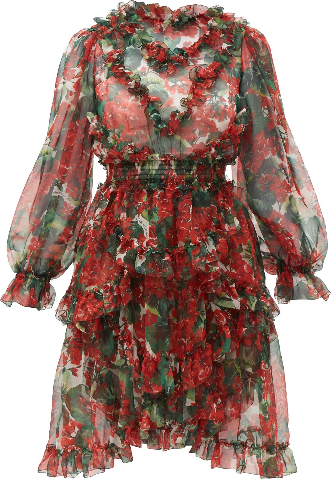 Dolce & Gabbana Geranium-print ruffle-trimmed silk dress