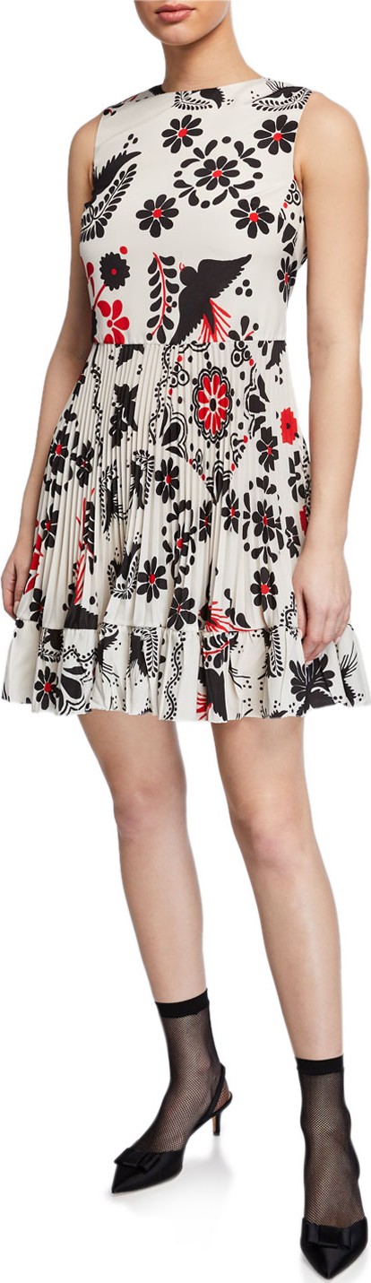 RED Valentino Printed Sleeveless Pleated Silk Crepe de Chine Dress