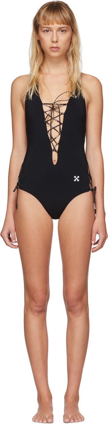 Off White Black Front Tie One-Piece Swimsuit