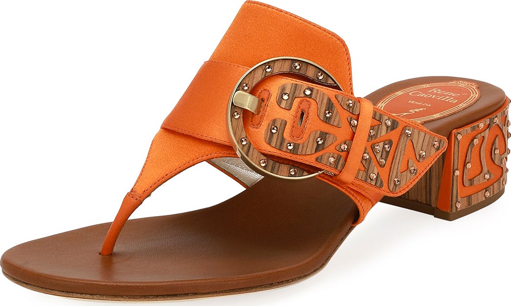 Rene Caovilla Satin Thong Sandal with Wooden Accents