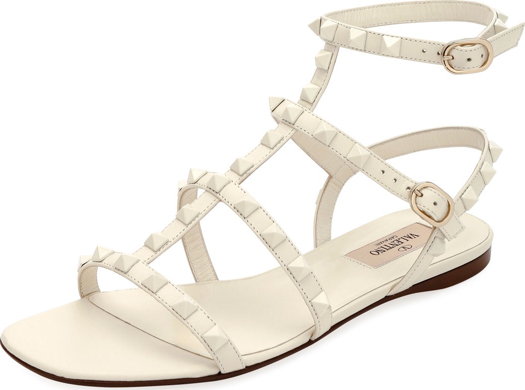 Valentino Rockstud Flat Strappy Leather Sandals (Tonal Hardware) Valentino Rockstud Flat Strappy Leather Sandals (Tonal Hardware)