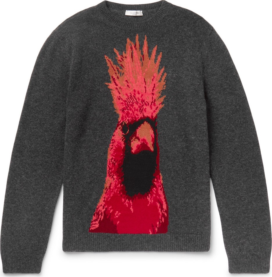 Valentino Parrot-Intarsia Virgin Wool and Cashmere-Blend Sweater