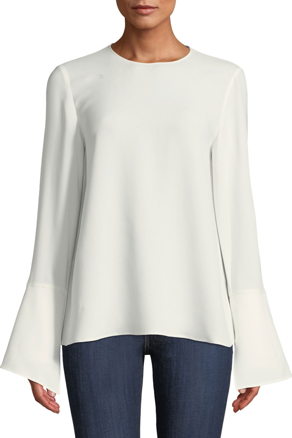 Lafayette 148 New York Jasmia Jewel-Neck Flared-Cuff Silk Georgette Blouse