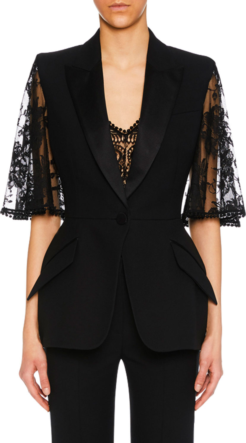 Alexander McQueen Lace Capelet Satin-Lapel Single-Breasted Wool-Silk Blazer
