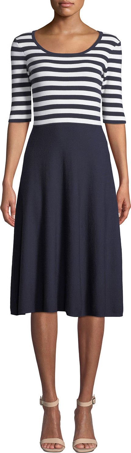MILLY Striped Bodice Half-Sleeve Flare Dress