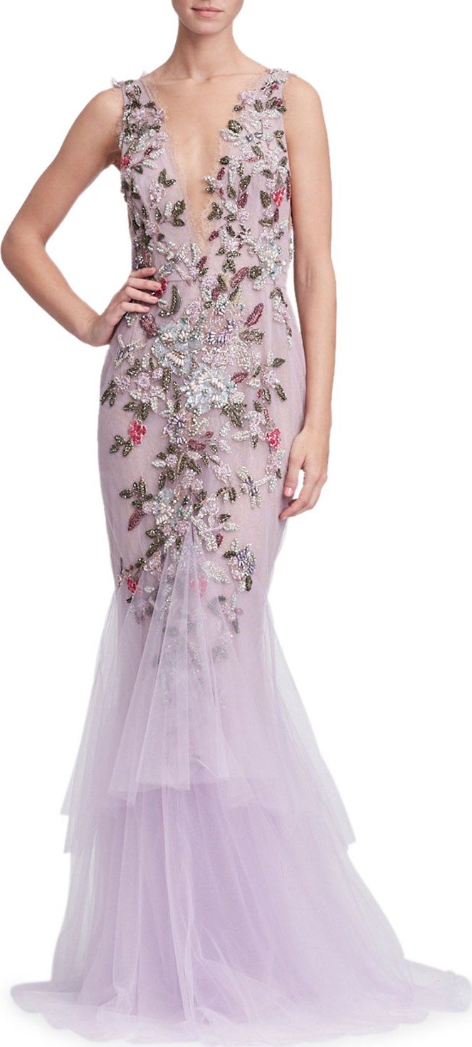 Marchesa Plunging V-Neck Sleeveless Floral-Embroidered Tulle Evening Gown