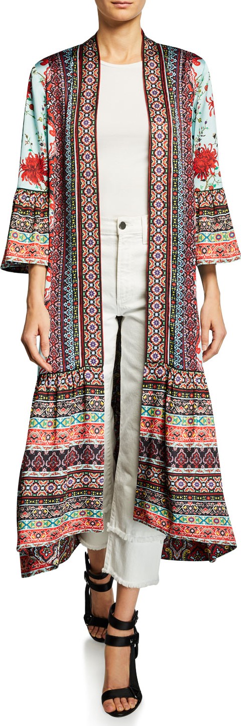 Alice + Olivia Dottie Mixed-Print Open-Front Long Seamed Kimono