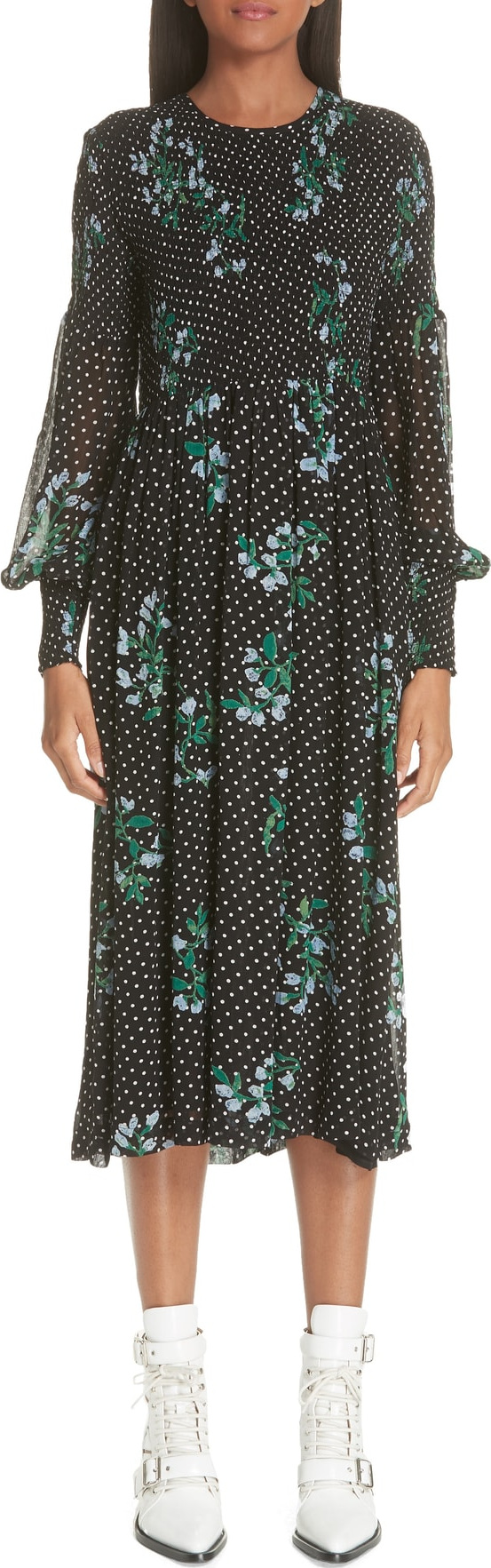 Ganni Rometty Floral Georgette Smocked Dress