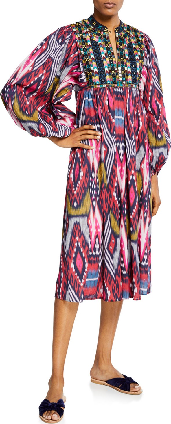 FIGUE Nora Beaded-Yoke Ikat Print Dress