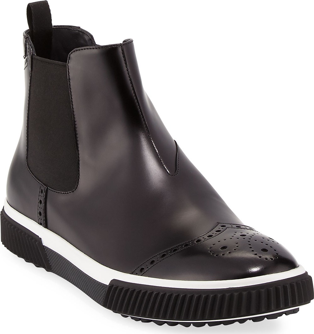 Prada Slip-On Leather Brogue Chelsea Boot, Black
