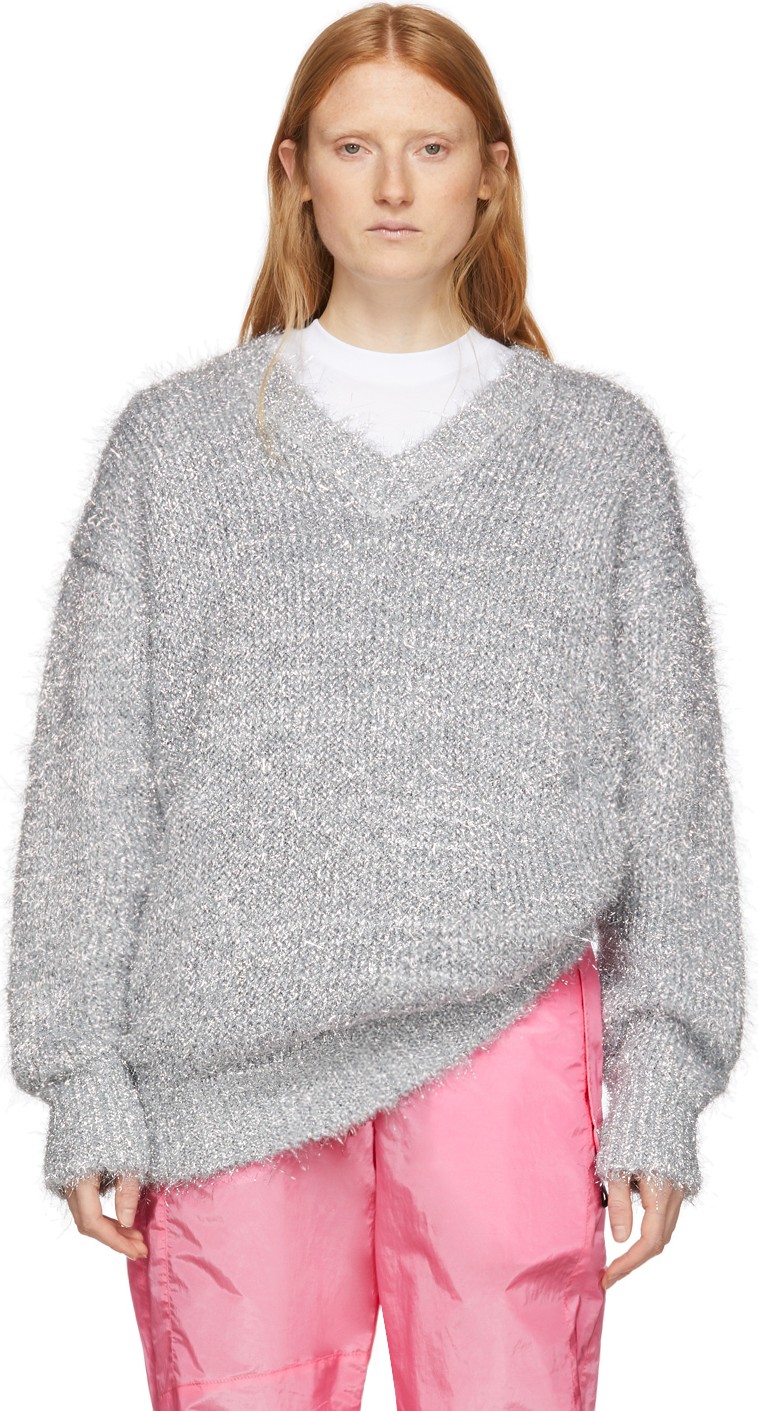 MSGM Silver Lurex V-Neck Sweater