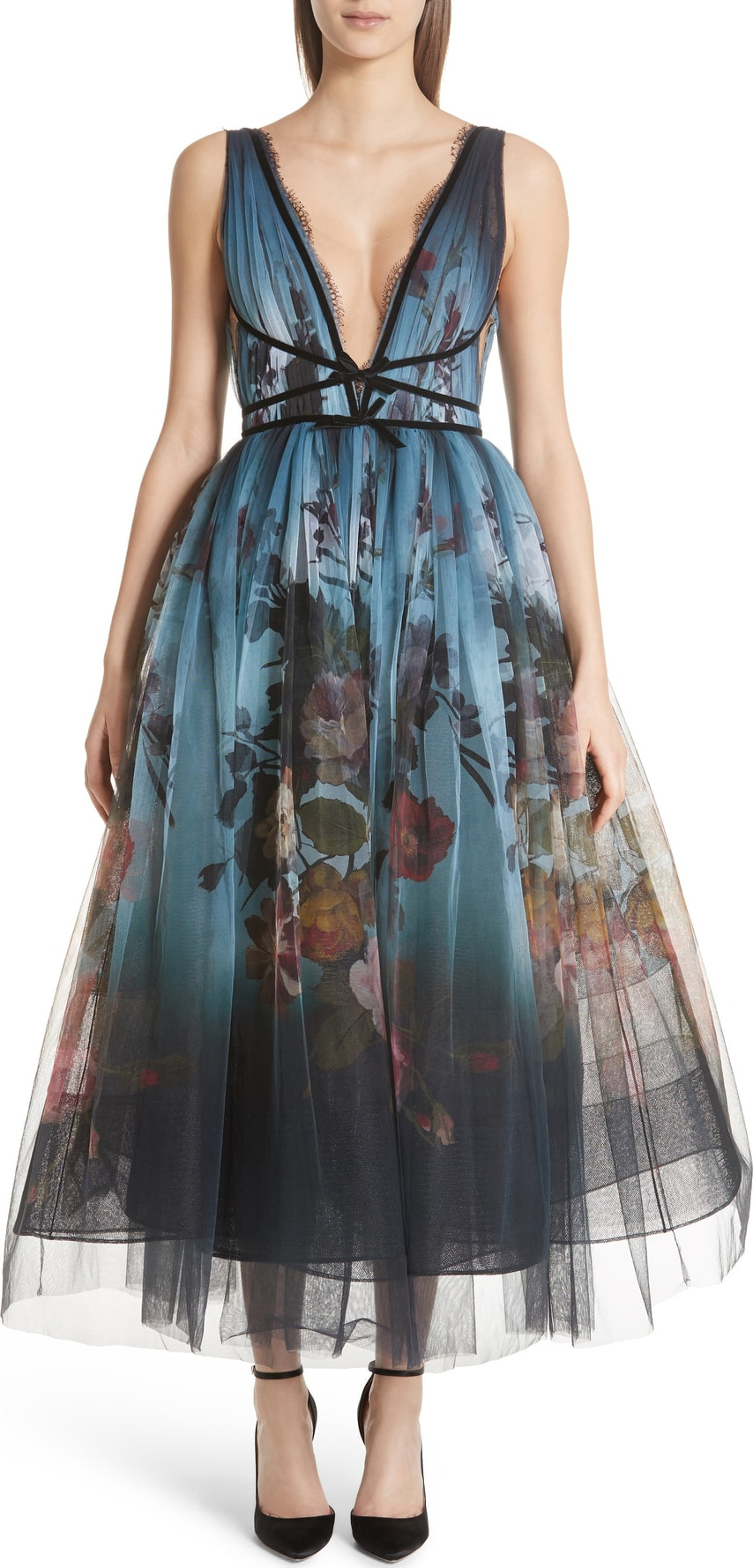 Marchesa Ombré Floral Print Tulle Tea Length Dress