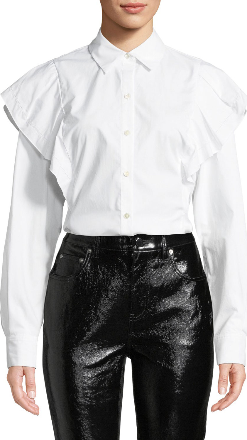 Derek Lam 10 Crosby Long-Sleeve Ruffle Shoulder Button-Front Top