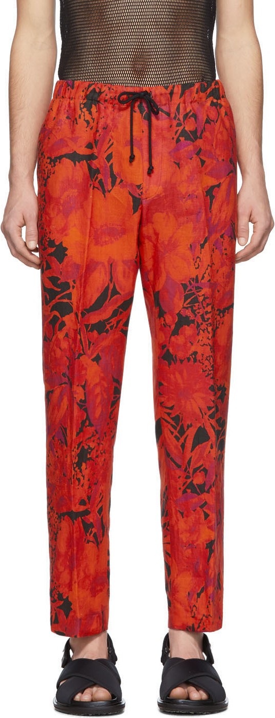Dries Van Noten Red & Black Linen Perkino Trousers