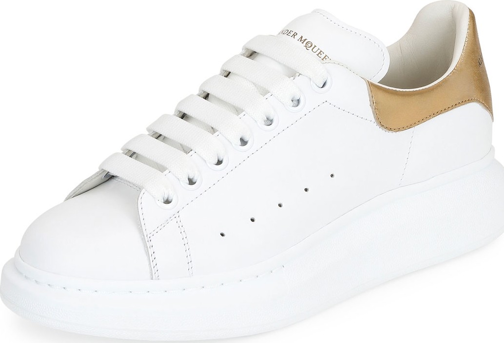 Alexander McQueen Men's Leather Low-Top Sneakers w/Golden Heel, White