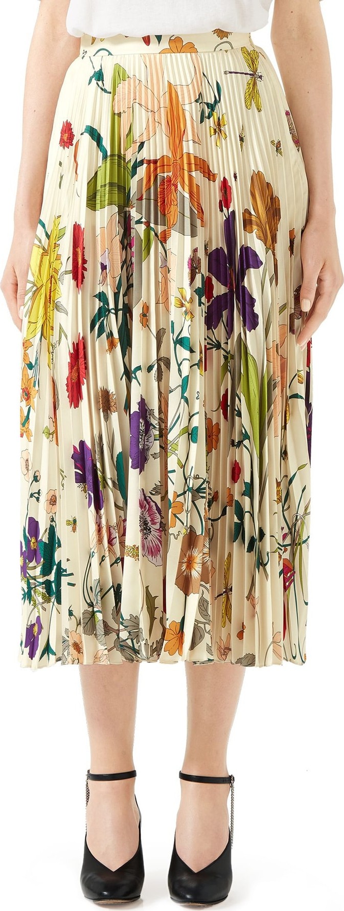 Gucci Gothic Floral Print Pleated Silk Twill Midi Skirt