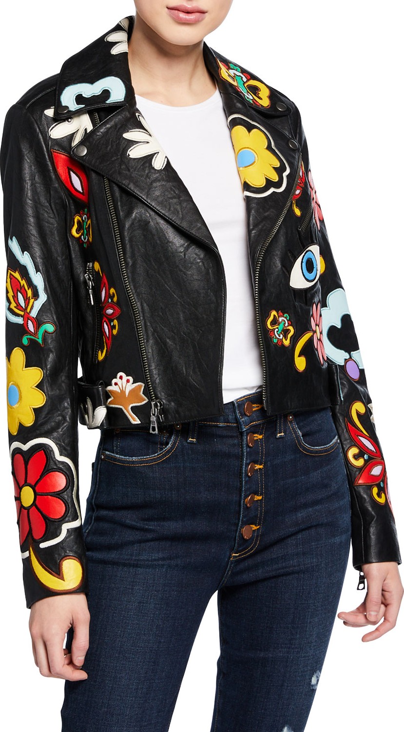 Alice + Olivia Cody Applique Leather Cropped Moto Jacket