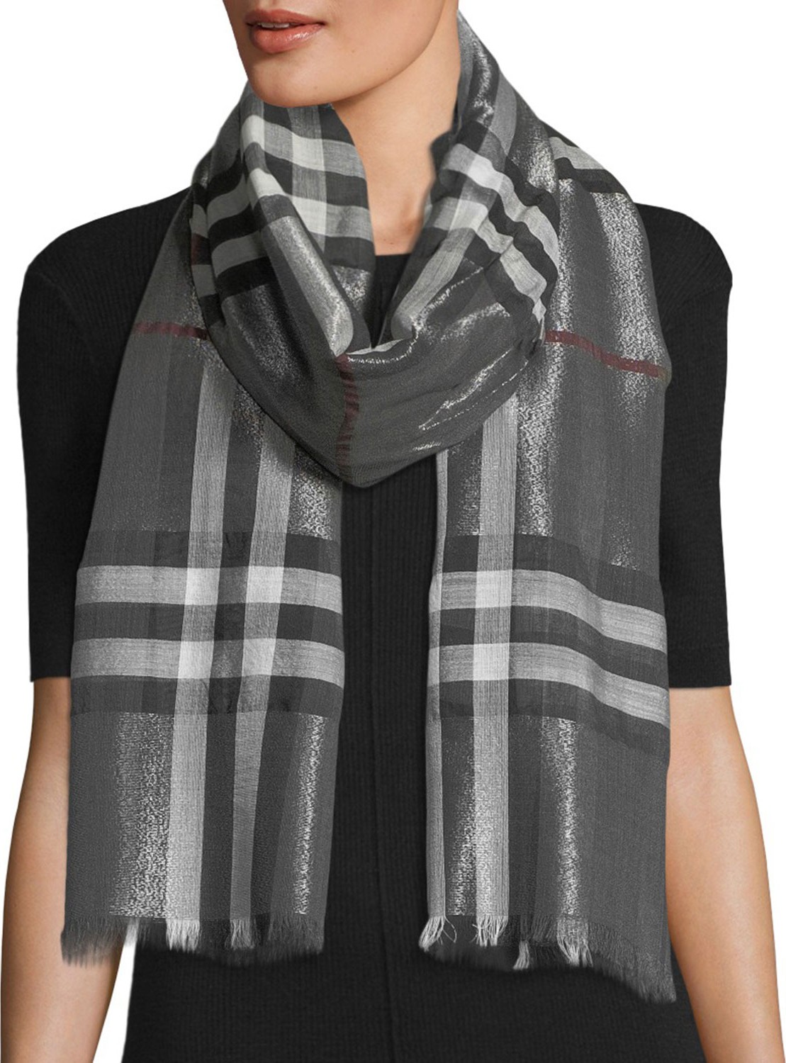 Burberry London England Metallic Gauze Giant Check Scarf