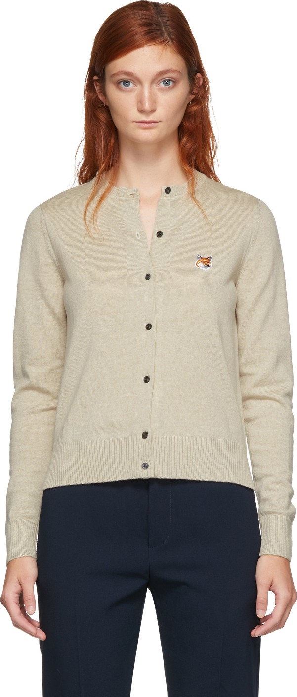 Maison Kitsune Beige Wool R-Neck Cardigan