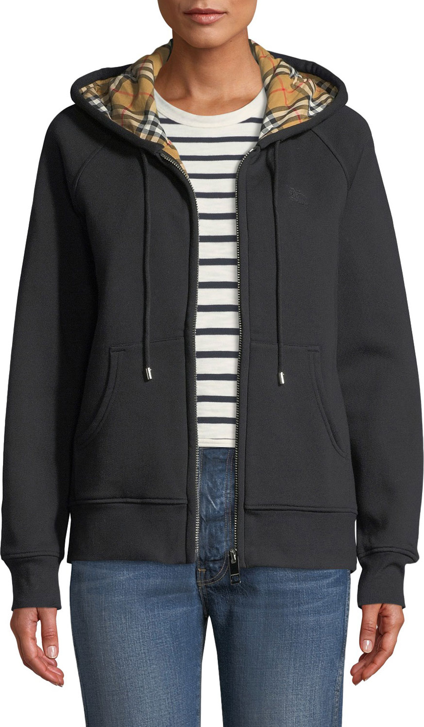 Burberry London England Check-Lined Zip-Front Hoodie Jacket
