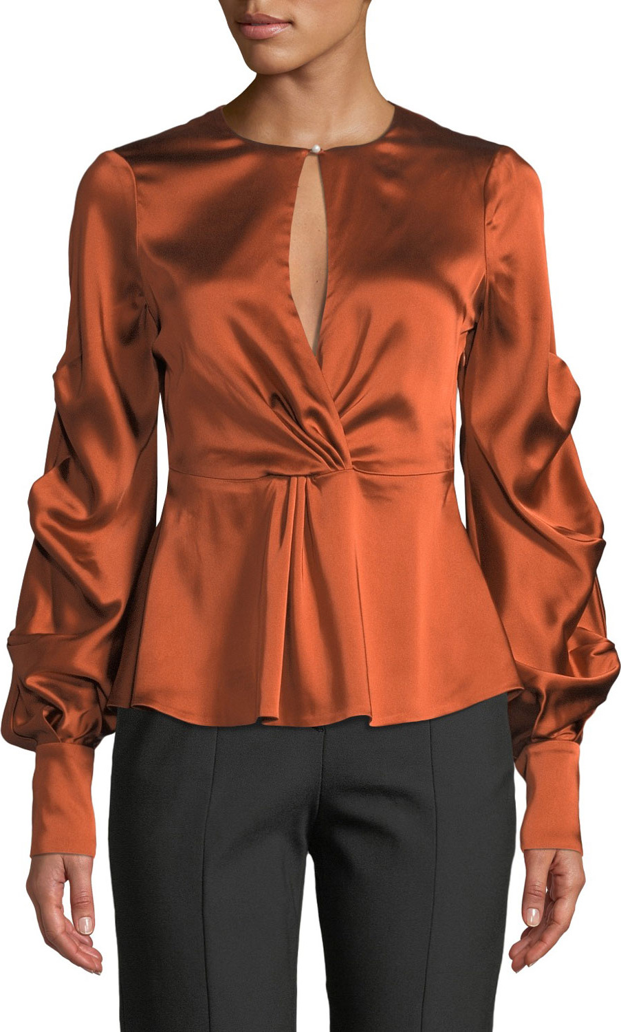 Jonathan Simkhai Fluid Gathered-Sleeve Satin Keyhole Top Jonathan Simkhai Fluid Gathered-Sleeve Satin Keyhole Top