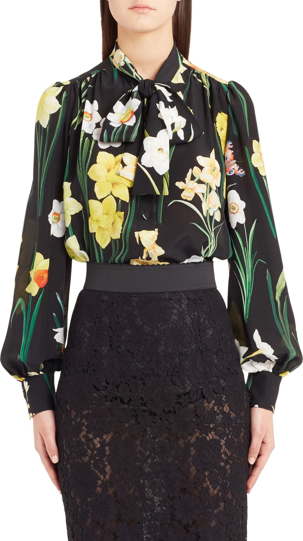 Dolce & Gabbana Daffodil Print Tie Neck Silk Blouse