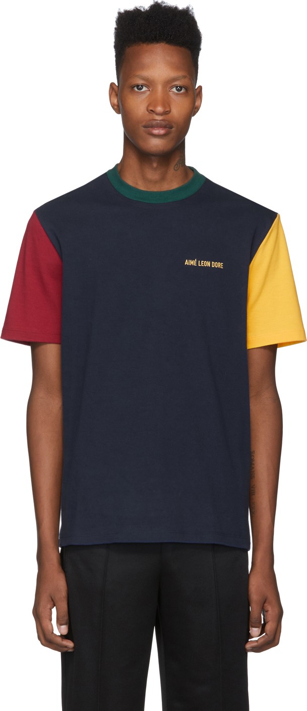 Aimé Leon Dore Navy & Yellow Colorblocked Logo T-Shirt