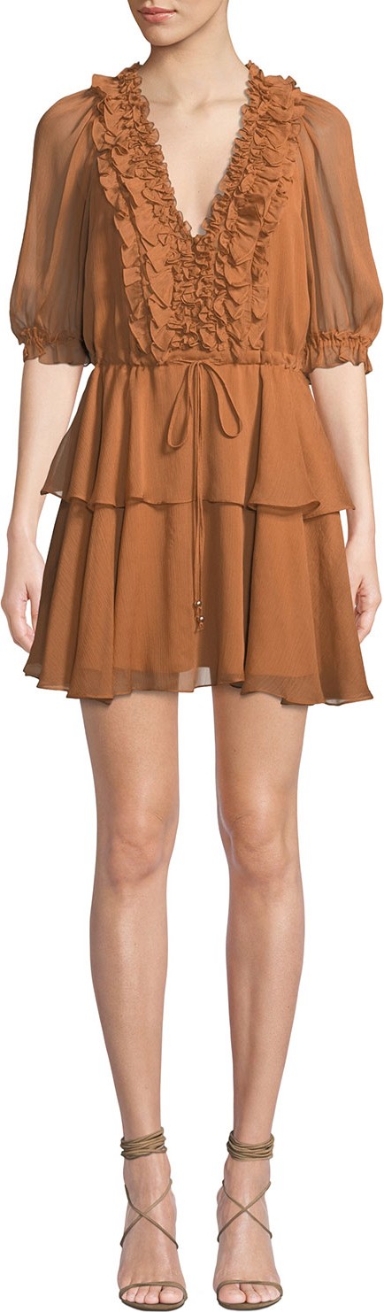 Shona Joy Amrea Fit-and-Flare Puff-Sleeve Ruffle Dress