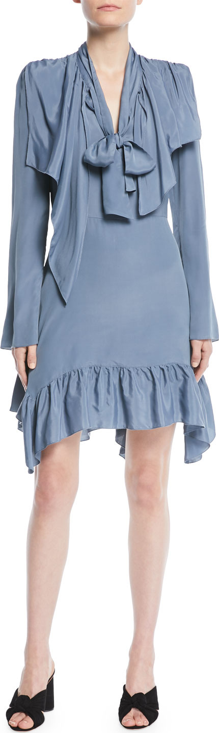 See By Chloé Ruffle Tie-Neck Long-Sleeve Short Dress