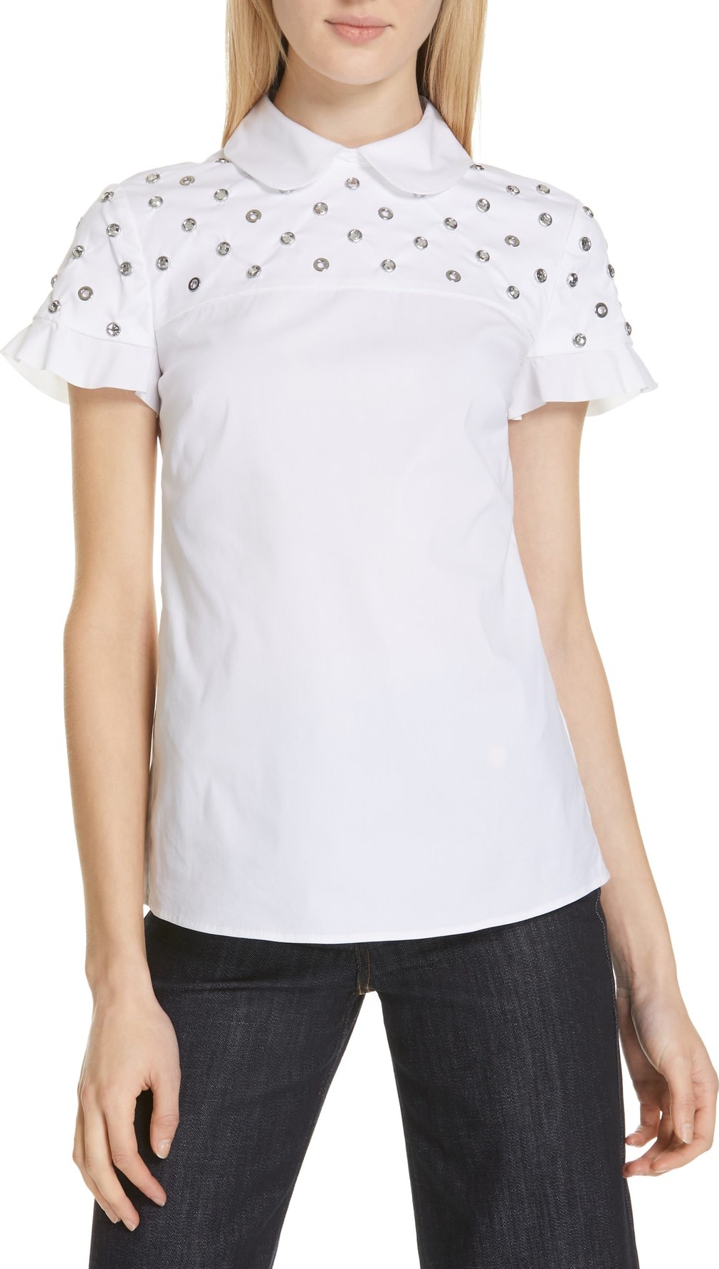 RED Valentino Grommet & Crystal Ruffle Sleeve Top