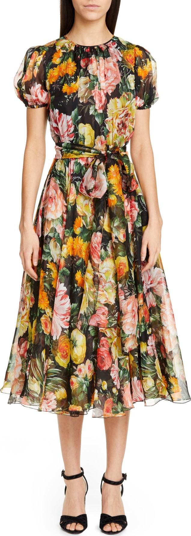 Dolce & Gabbana Dolce&Gabbaba Floral Print Pleated Silk Chiffon Dress