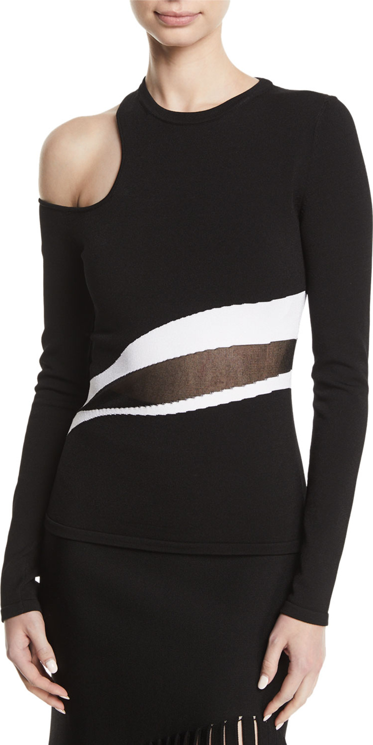 Cushnie Et Ochs Cold-Shoulder Striped Sheer-Middle Knit Top