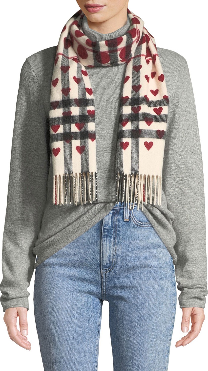 Burberry London England Heart-Print Giant Check Cashmere Scarf