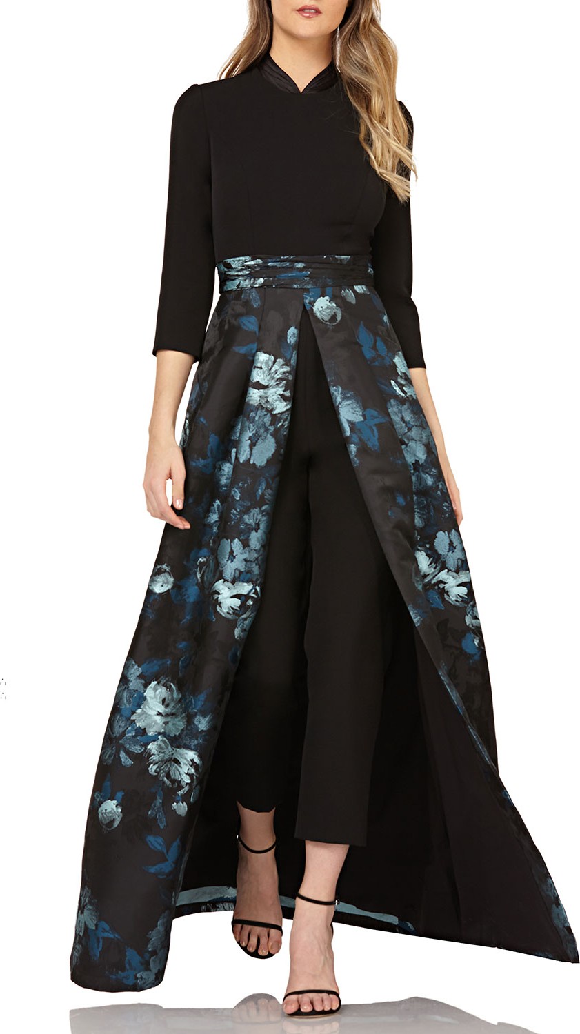 Kay Unger Crepe Jumpsuit w/ Floral Skirt Overlay