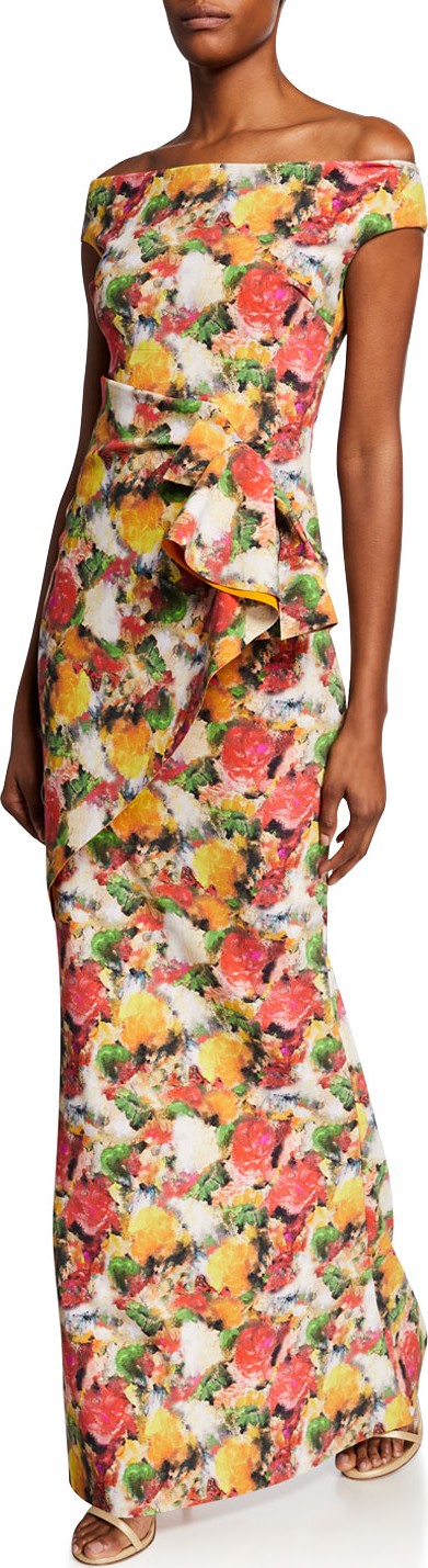 La Petite Robe di Chiara Boni Printed Off-Shoulder Short-Sleeve Gown w/ Asymmetric Ruffle Detail