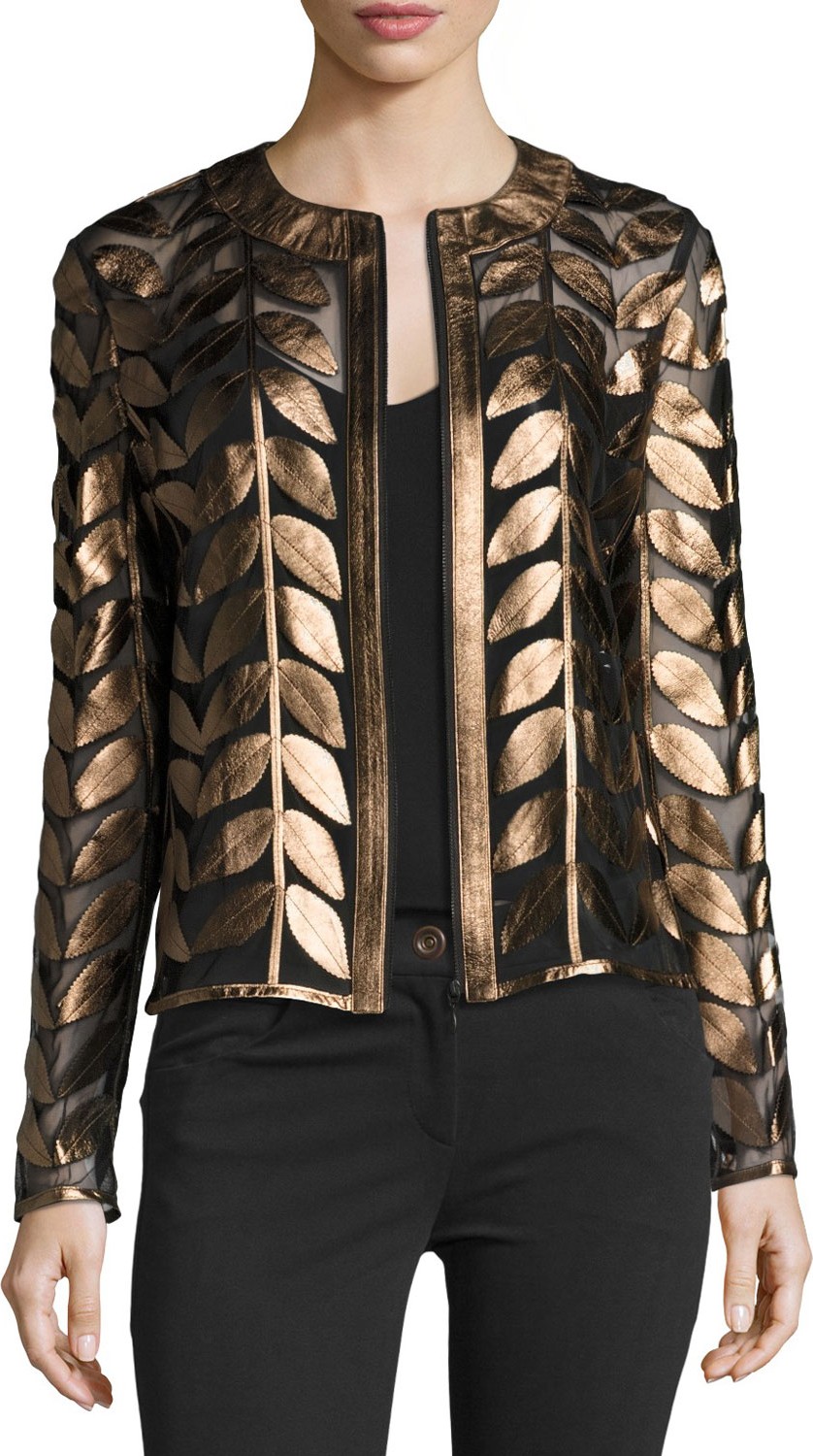 Neiman Marcus Metallic Leather Leaf & Mesh Combo Jacket
