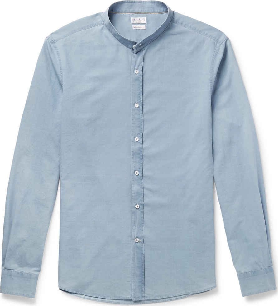 Brunello Cucinelli Grandad-Collar Cotton-Chambray Shirt
