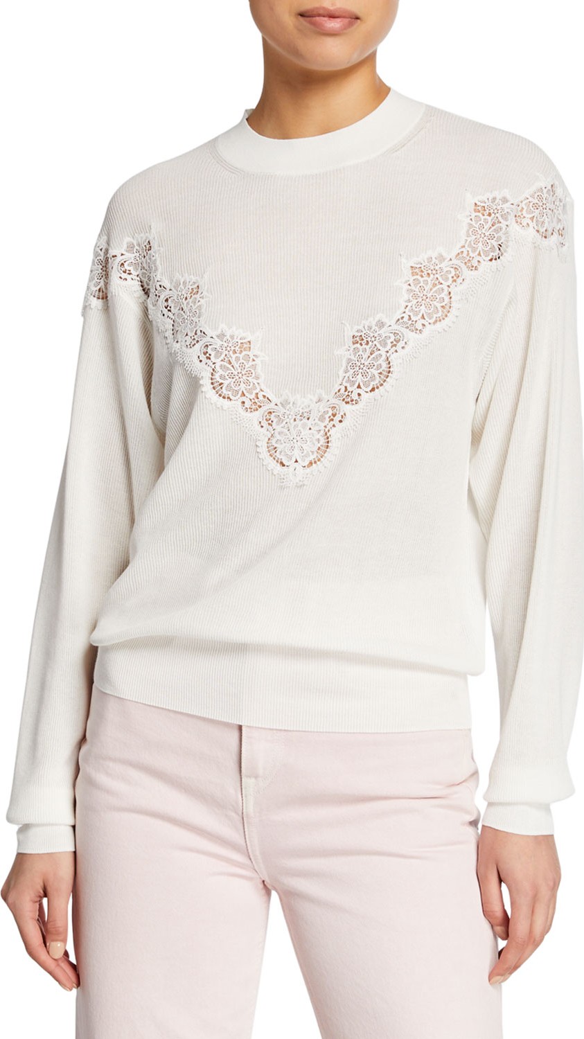 See By Chloé Ribbed Lace Crewneck Sweater