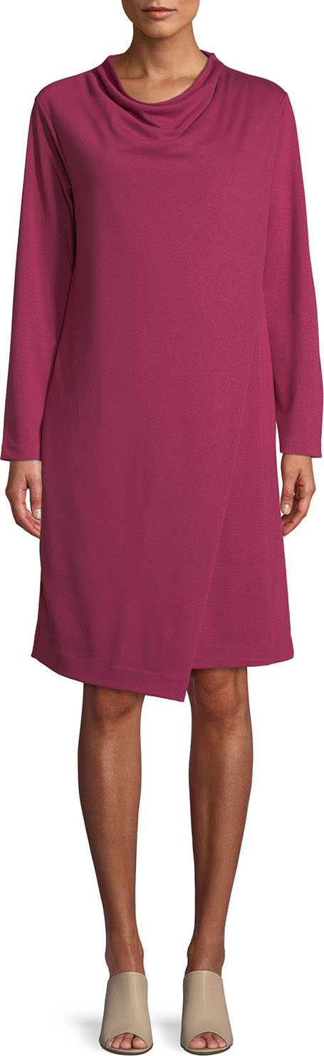 Joan Vass Long-Sleeve Drape-Front Knit Dress