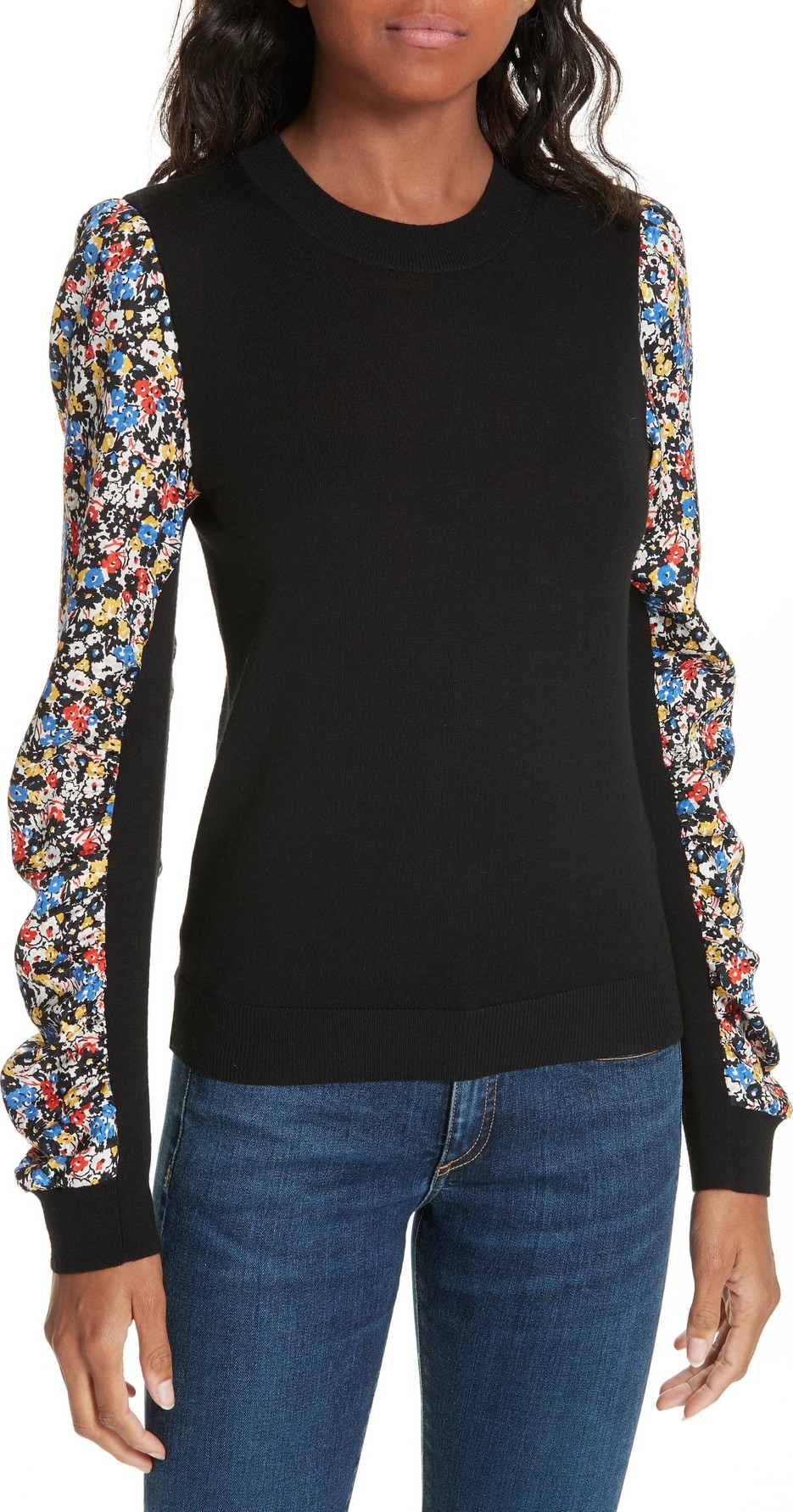 Veronica Beard Adler Stretch Silk Sleeve Merino Wool Sweater