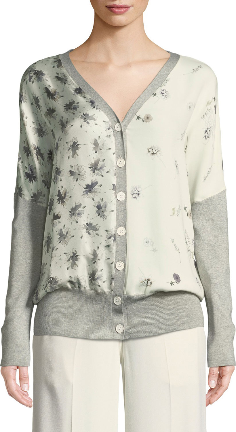 Derek Lam V-Neck Button-Front Mixed-Print Silk-Cotton Cardigan