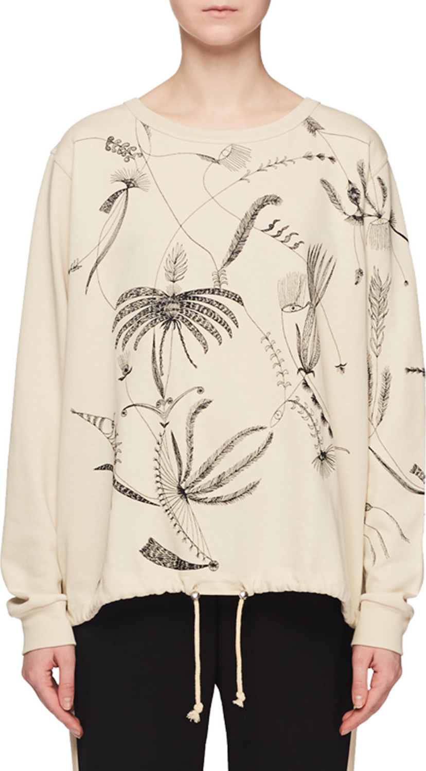 Dries Van Noten Floral-Embroidered Crewneck Long-Sleeve Cotton Pullover Sweatshirt