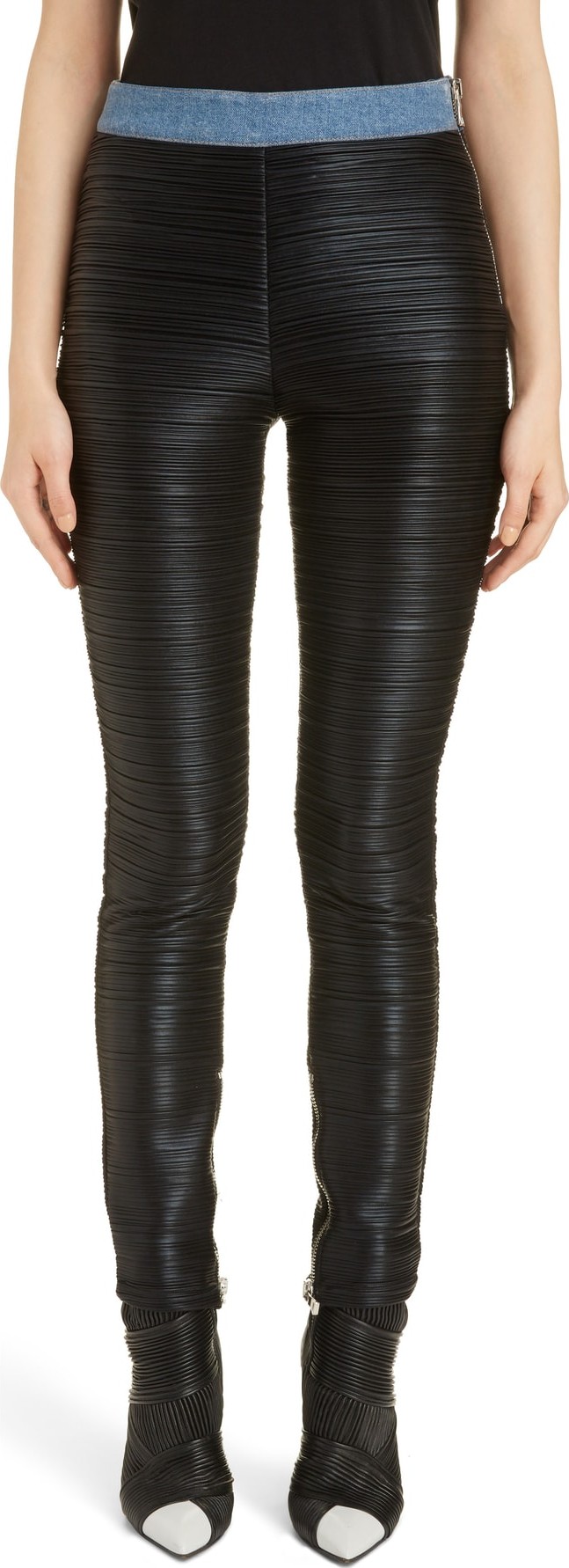 Balmain Denim Trim Plissé Jersey Leggings