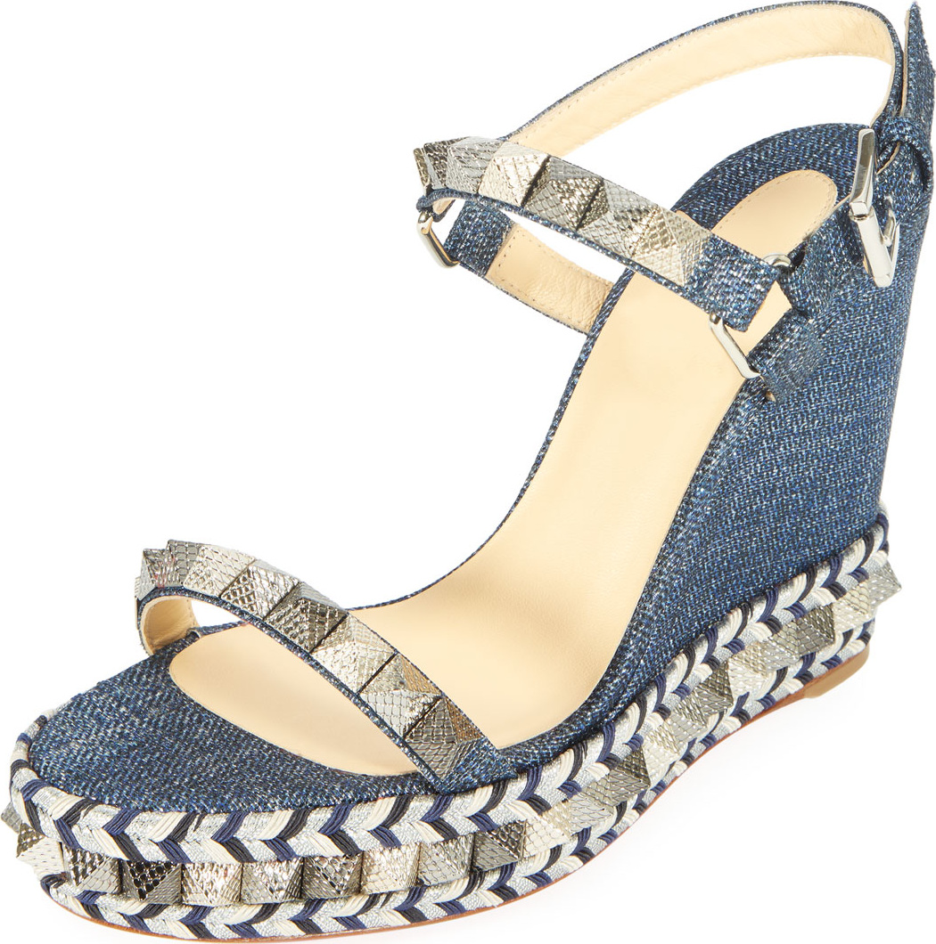 Christian Louboutin Pyraclou Spike Denim Wedge Red Sole Sandal Christian Louboutin Pyraclou Spike Denim Wedge Red Sole Sandal
