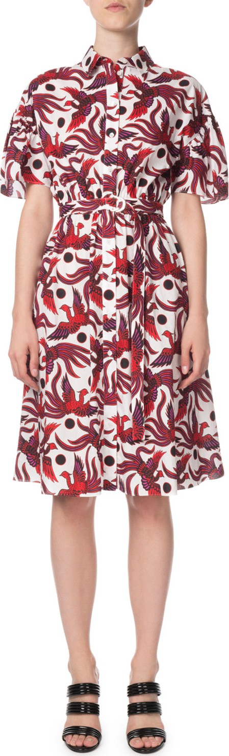 KENZO Belted Phoenix-Print Button-Front Shirt Dress